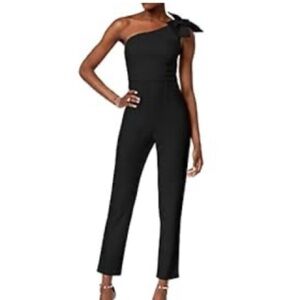Adrianna Papell Women's Black One Shoulder Crepe Jumpsuit with Bow Accent Size 4